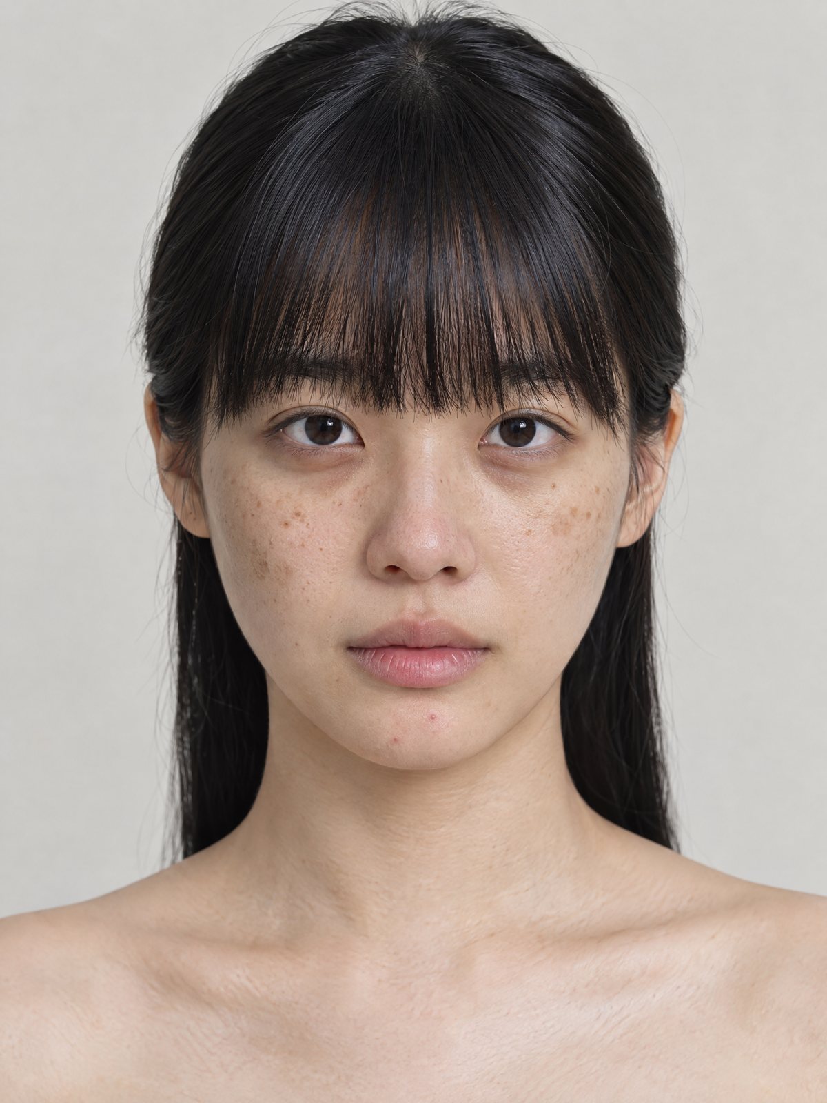Retrato de frente de una mujer joven coreana, sin maquillaje, con tres marcas de medición sobre el rostro.